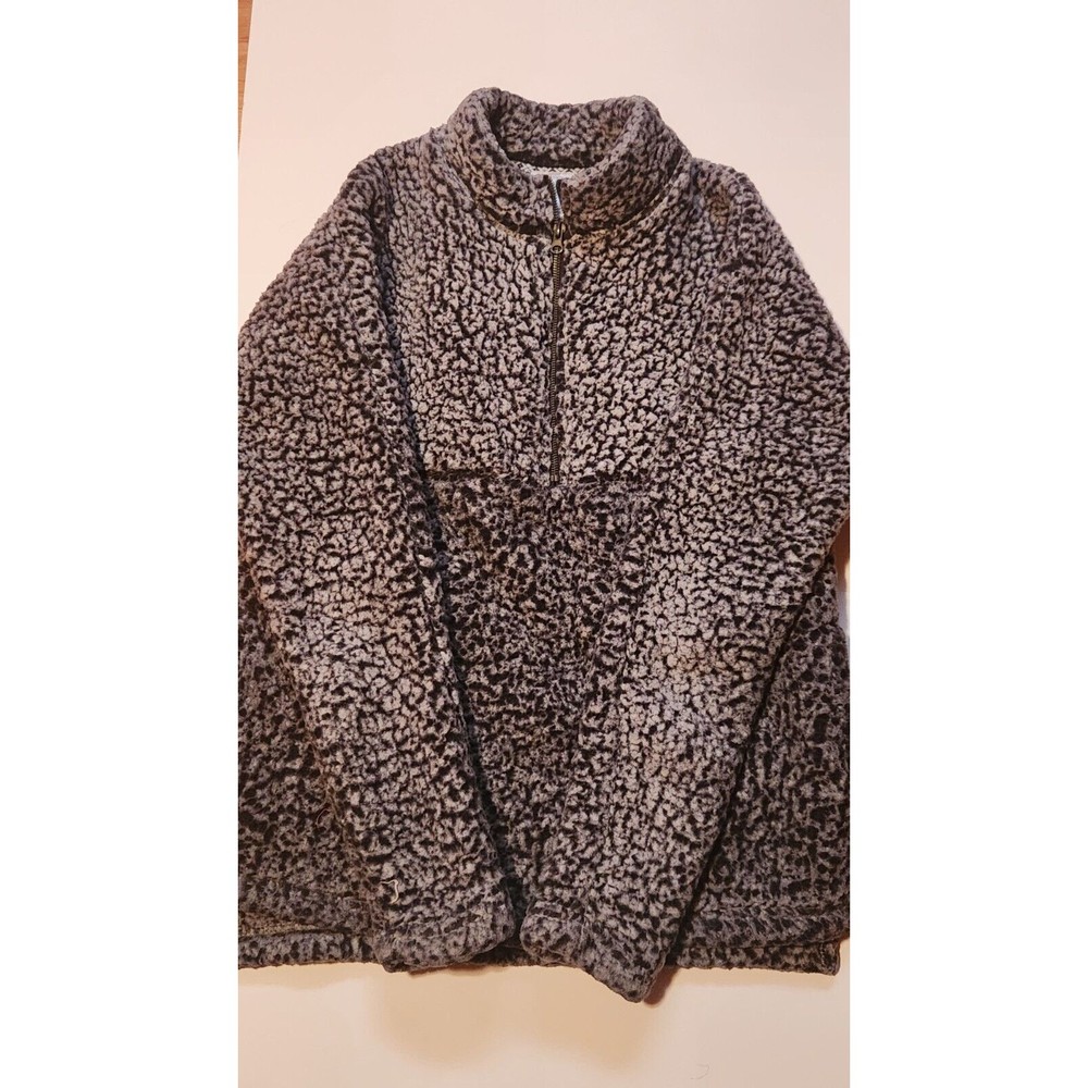 Emily B Womens SMALL Fleece Pullover Jacket Gray/ Ivory  Sherpa 1/4 Zip Front
